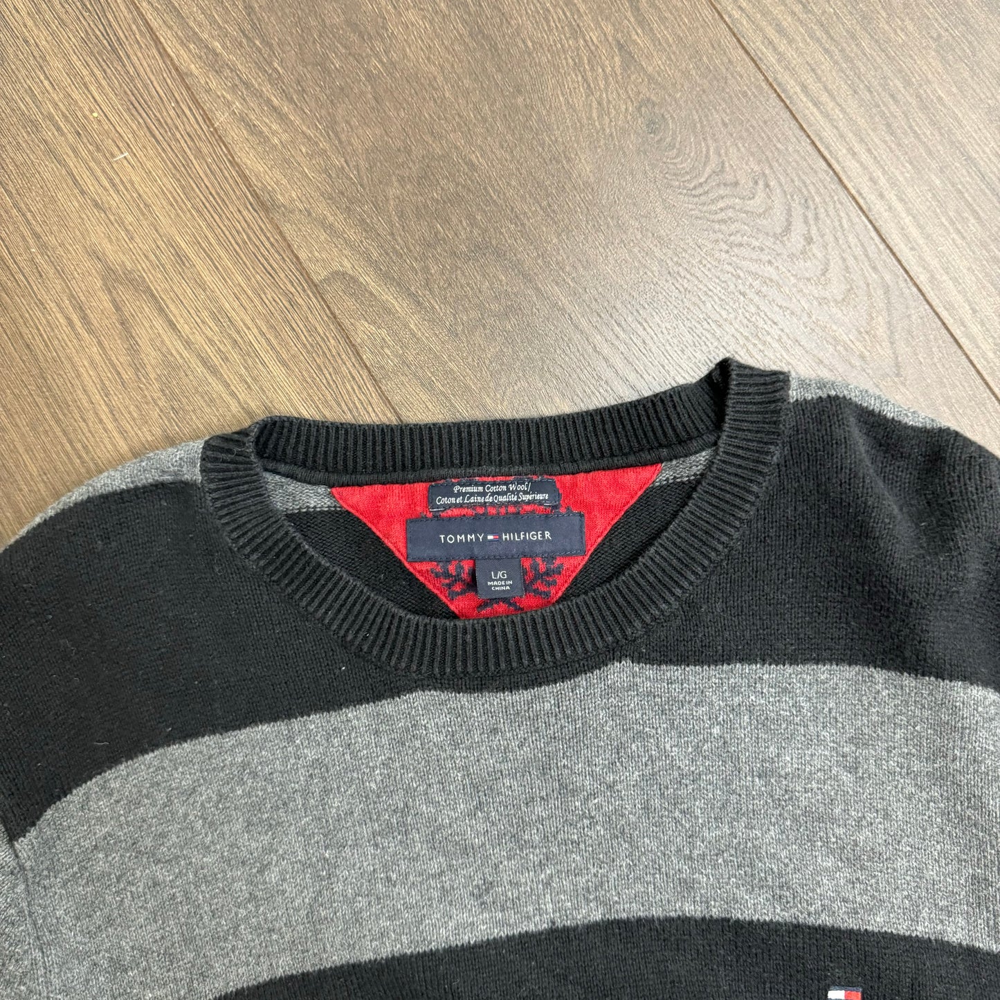 Tommy Black and Grey Striped Crewneck Sweater