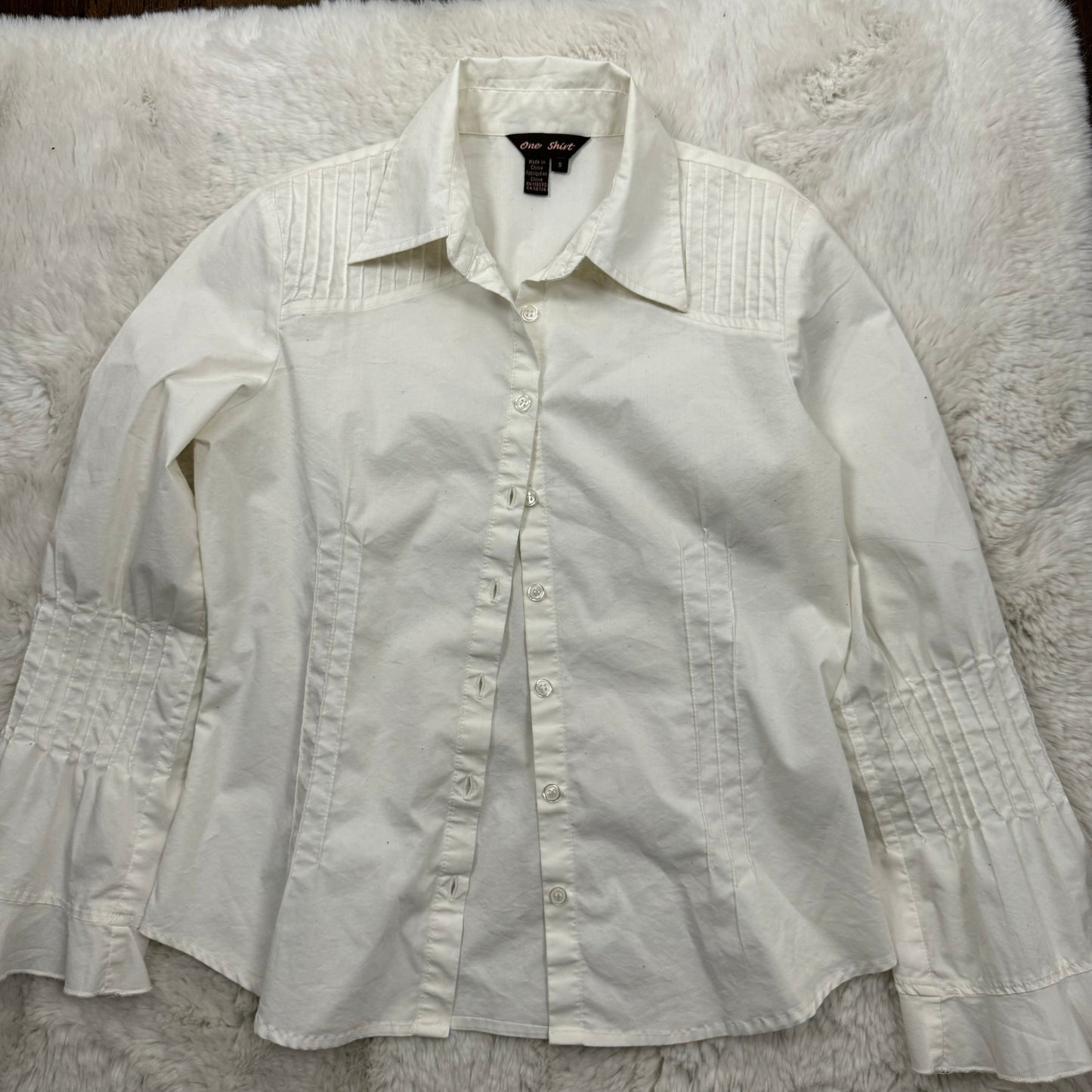 White Fitted Pleated Button Up Shirt