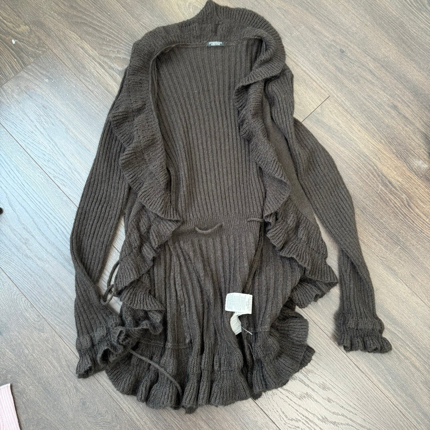 Brown Ruffled Open Front Tie Up Cardigan