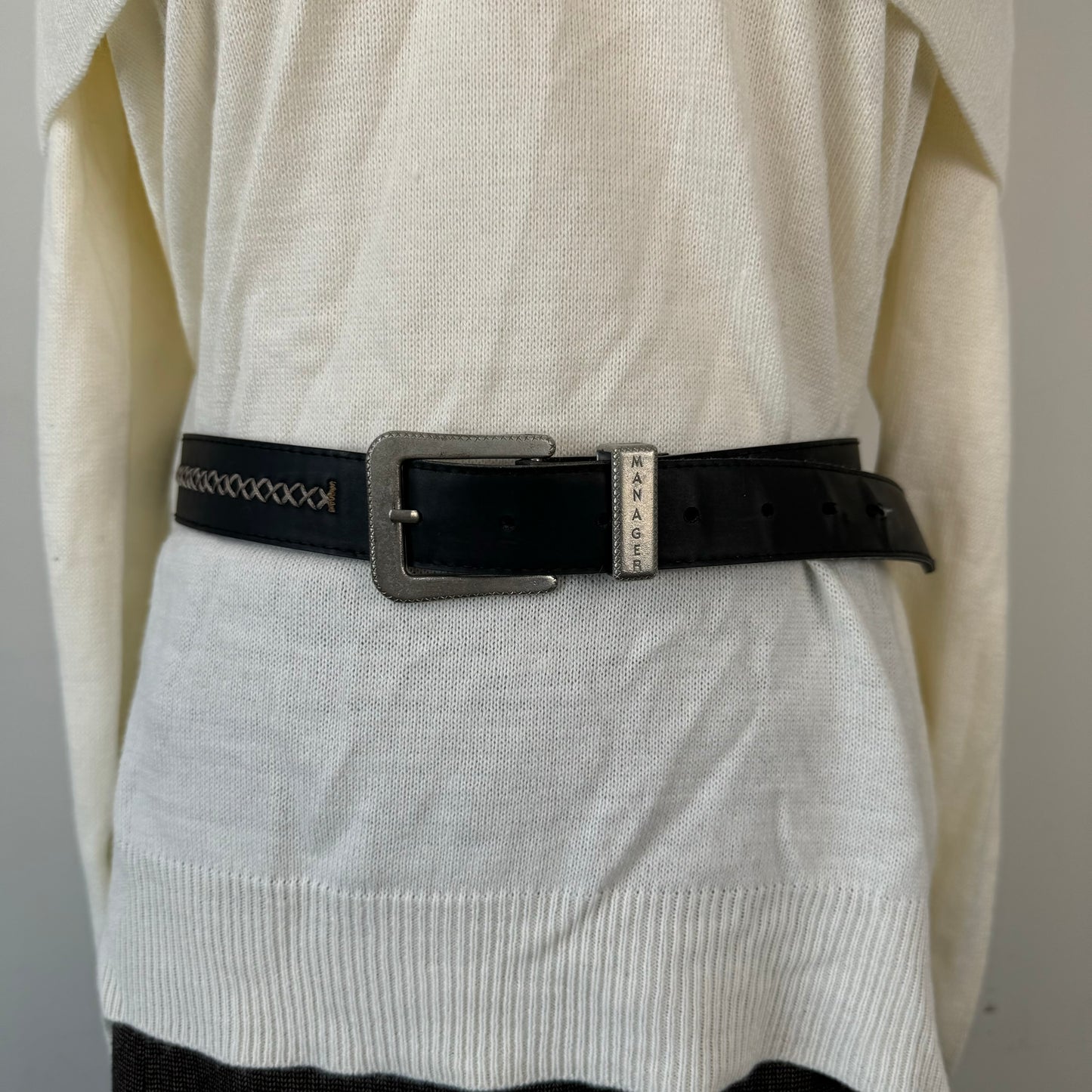 Black Western Silver Buckle Leather Belt