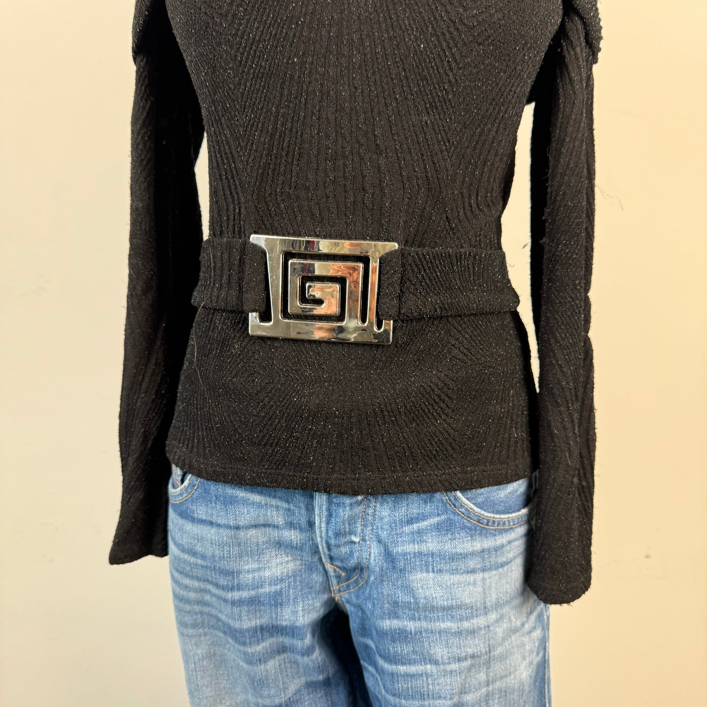 Black Off Shoulder Buckled Sweater