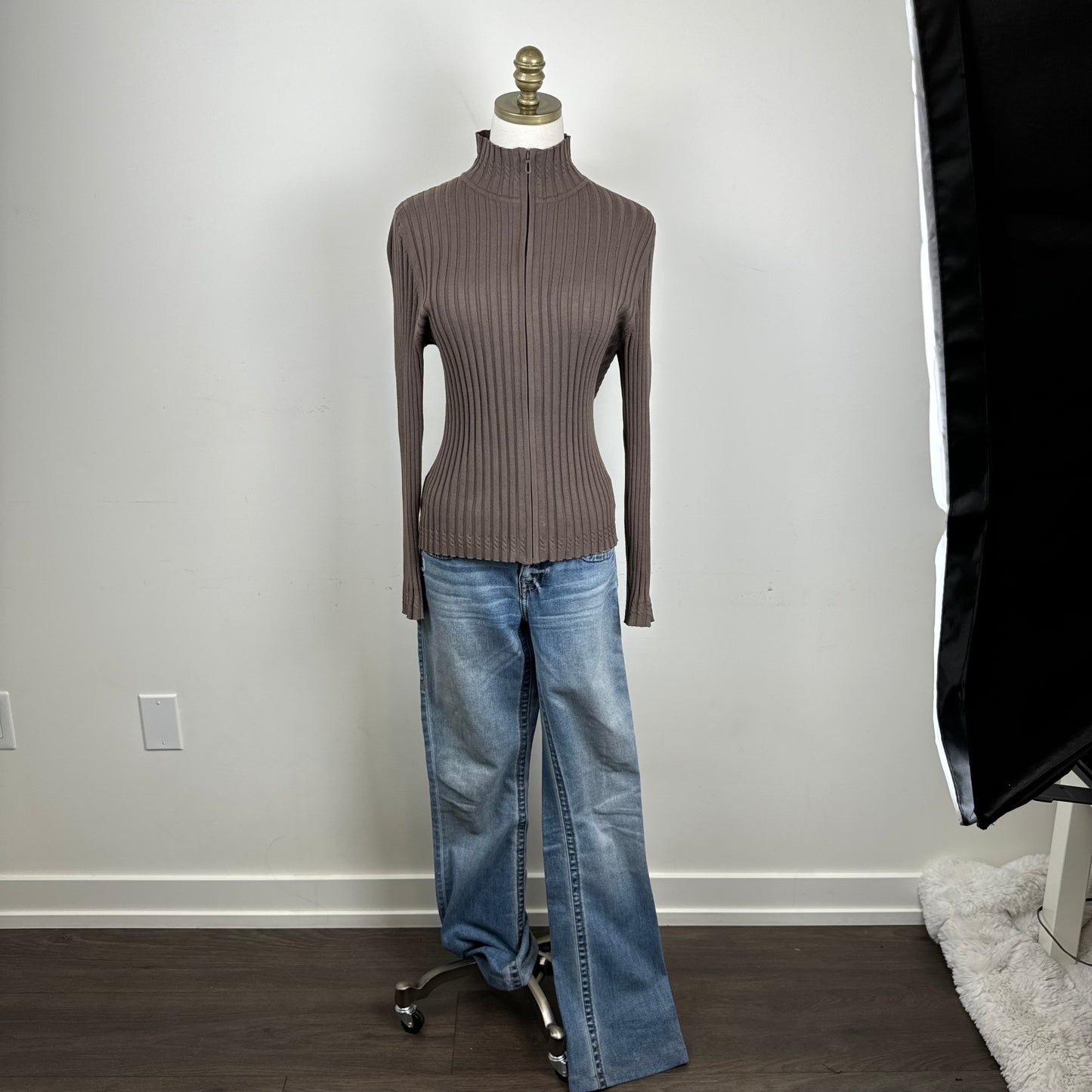 Mocha Brown Fitted Zip Up Sweater