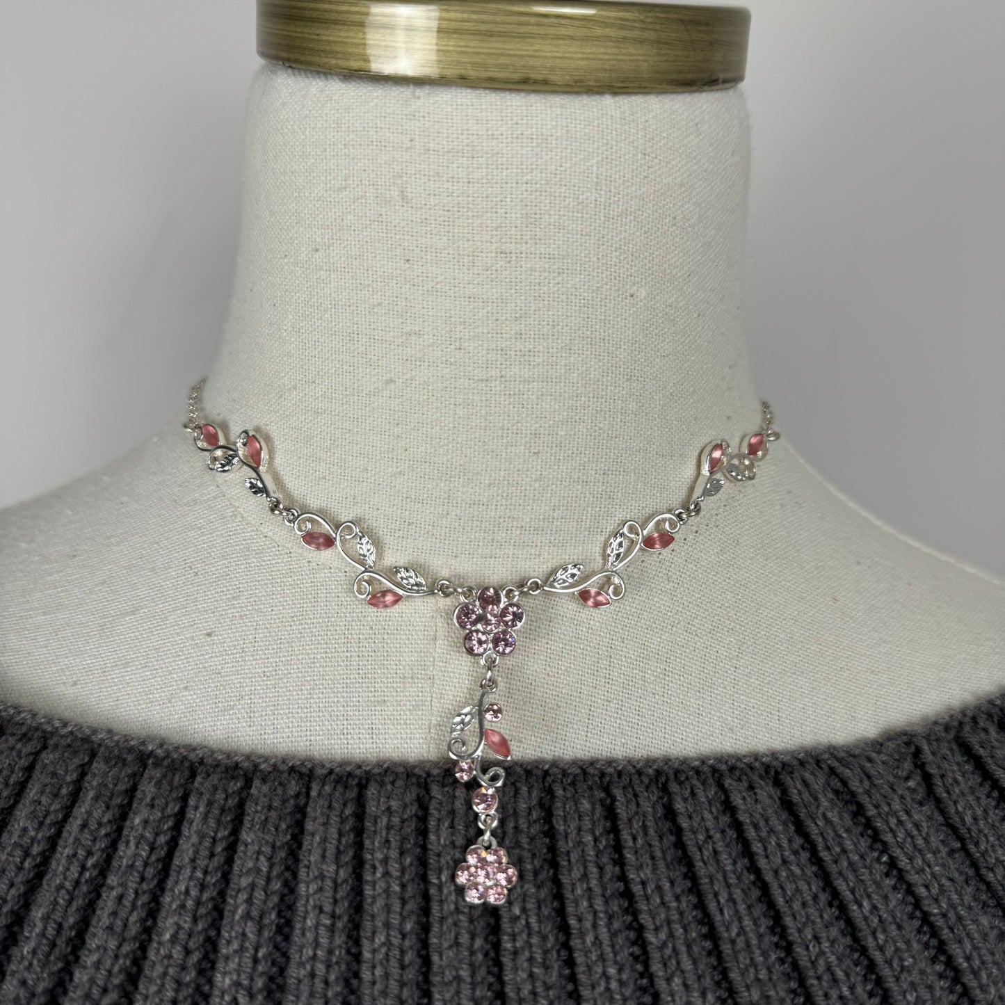 Romantic Silver Pink Floral Necklace