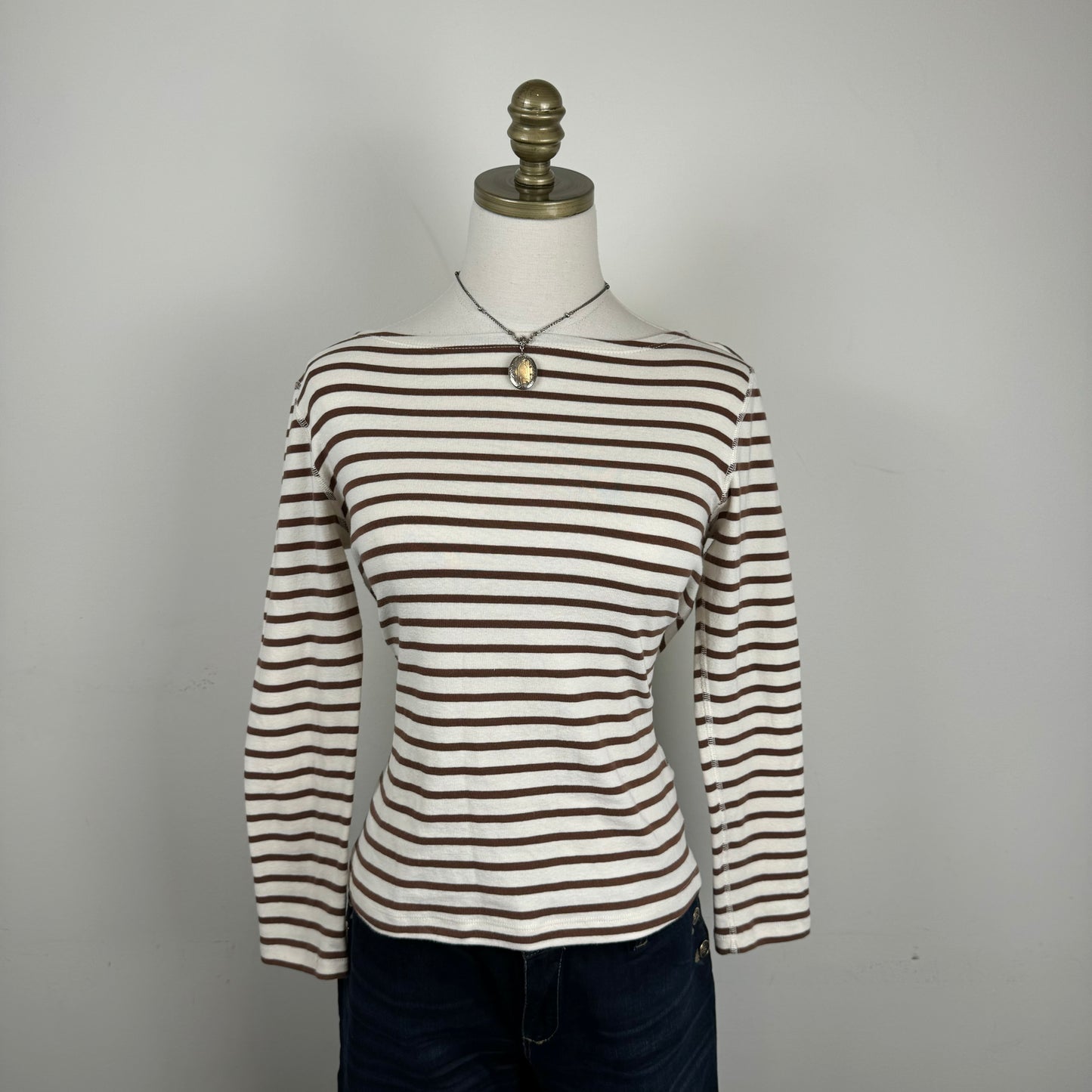 Cream Striped Boat Neck Long Sleeve Top