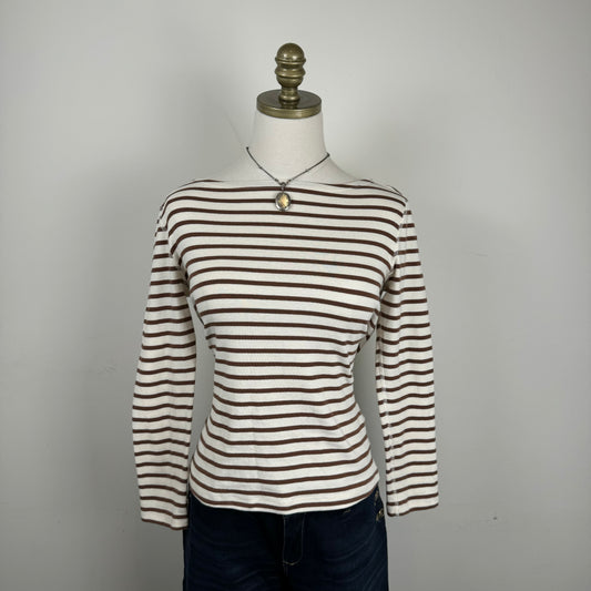Cream Striped Boat Neck Long Sleeve Top