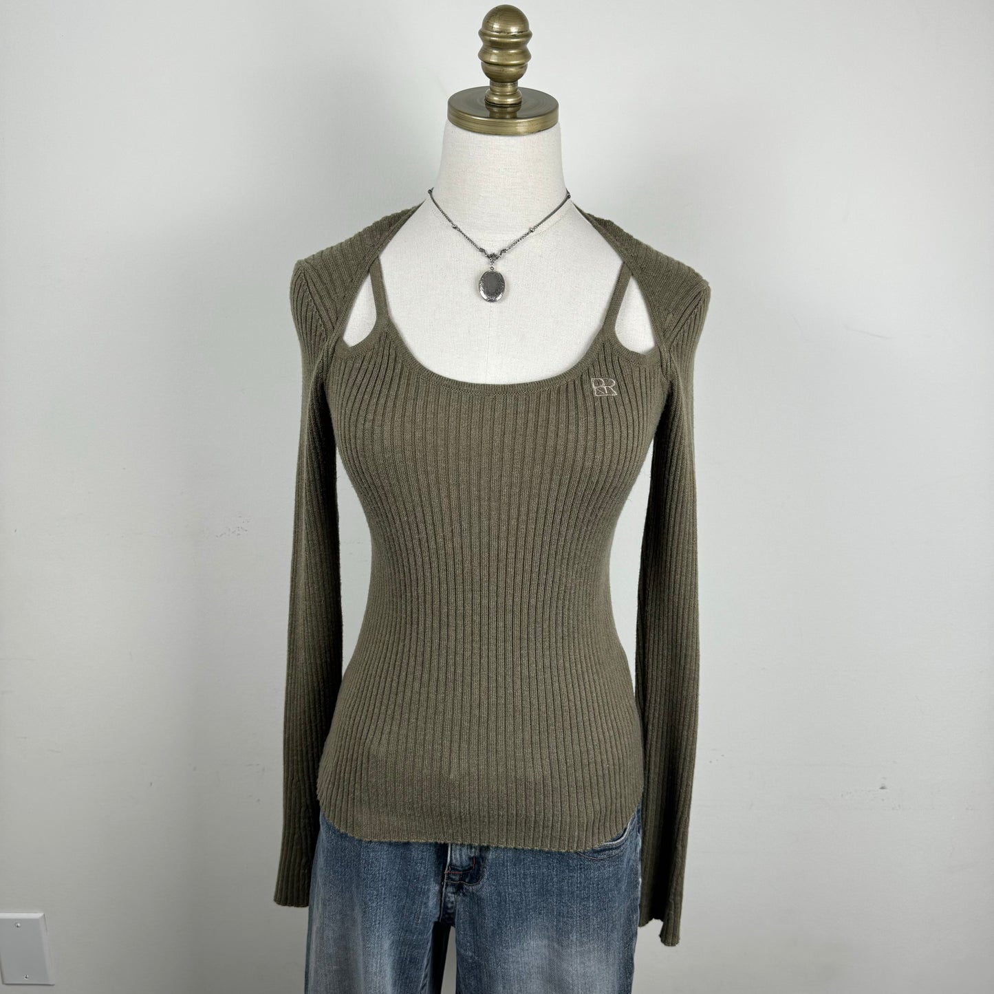 Khaki Cutout/Bolero Fitted Sweater