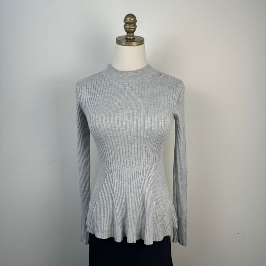 Grey Mock Neck Ribbed Sweater Flared Hem