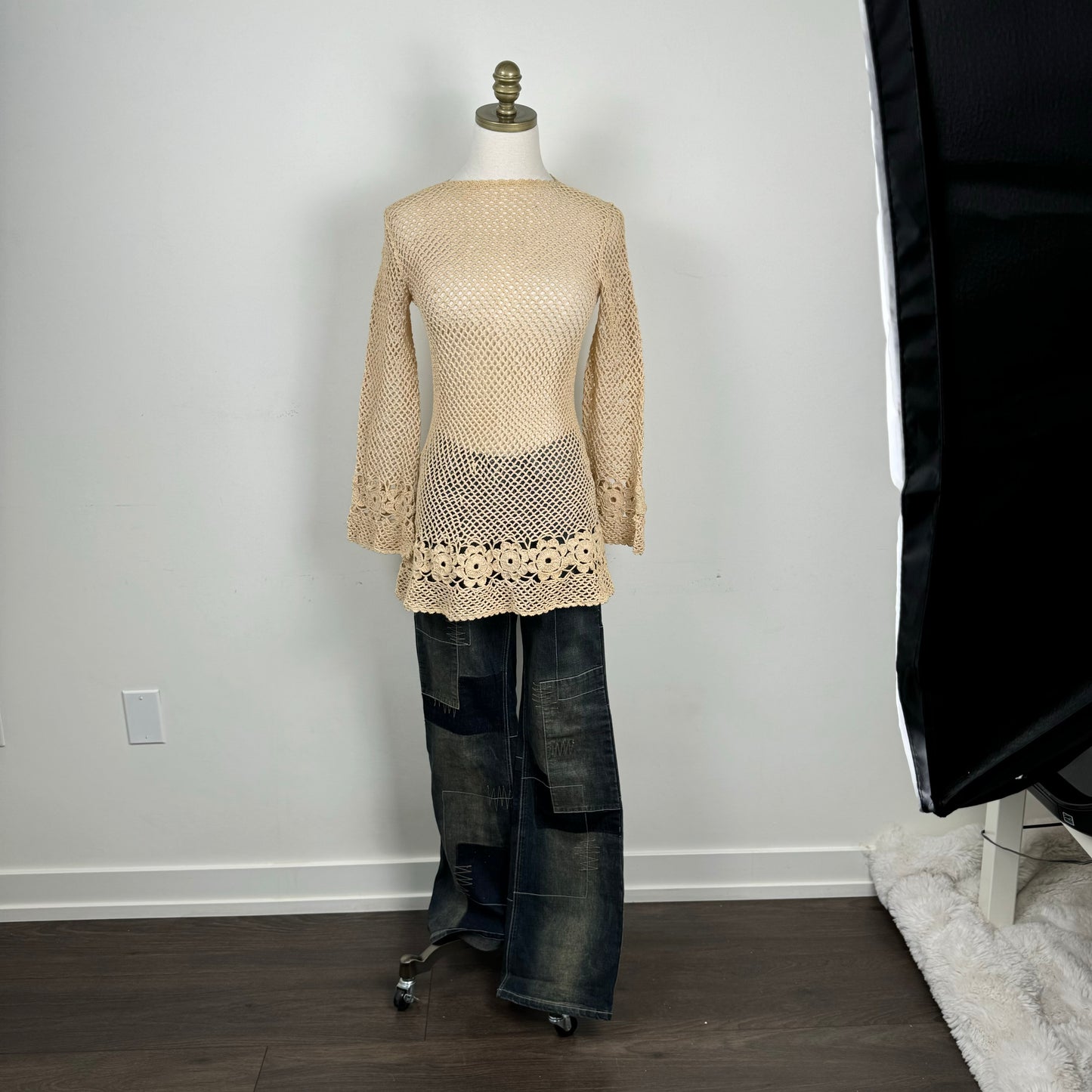 Open Knit Crochet Bell Sleeve Long Top