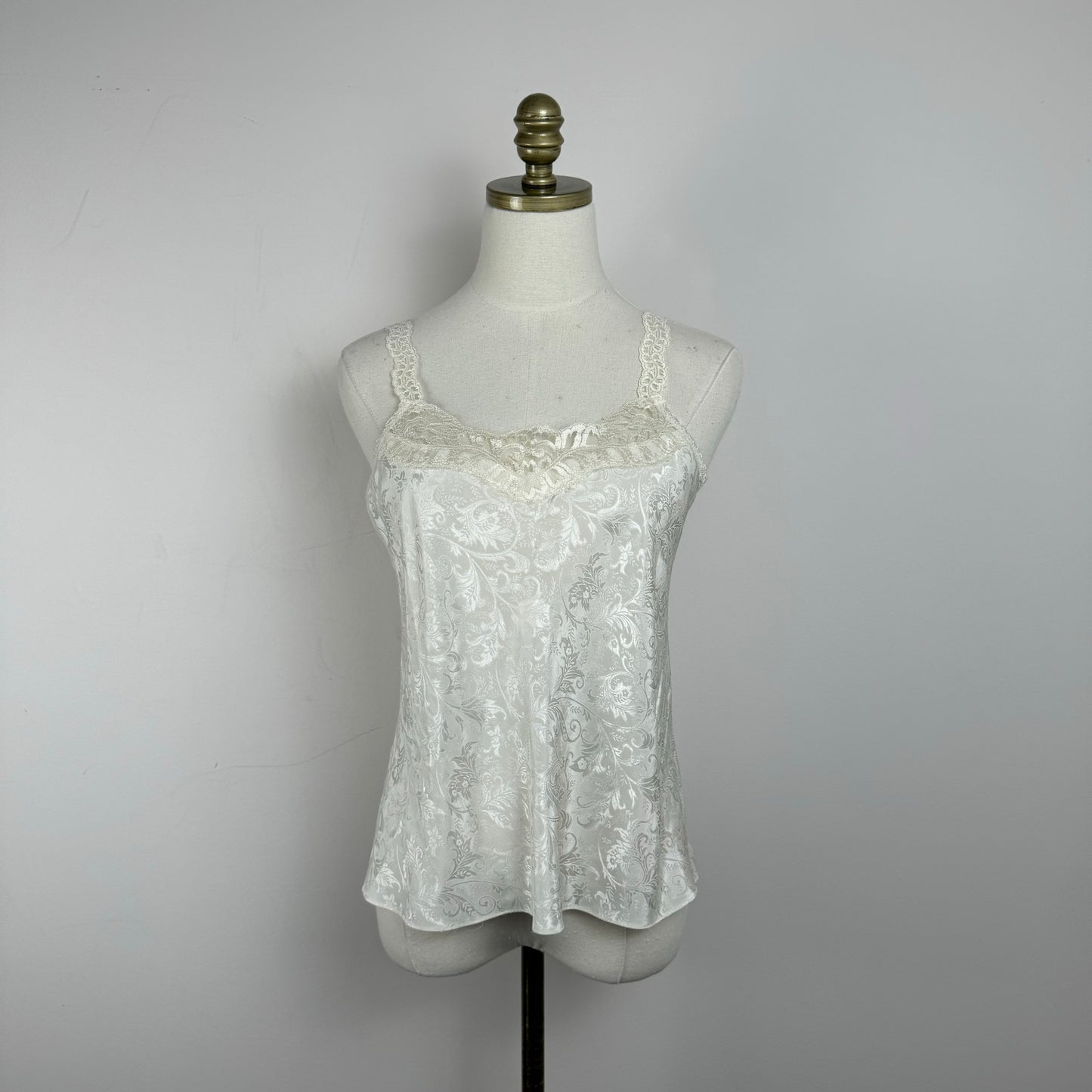 Vintage Cream Lace Trim Floral Print Satin Top