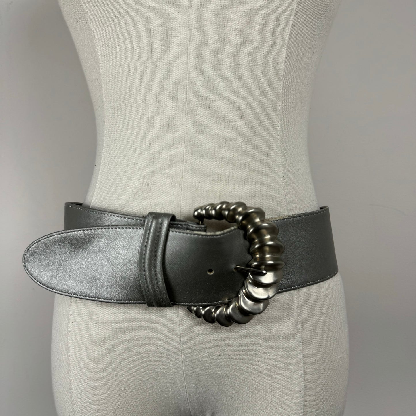 Grey Chunky Silver Buckle Statement Belt