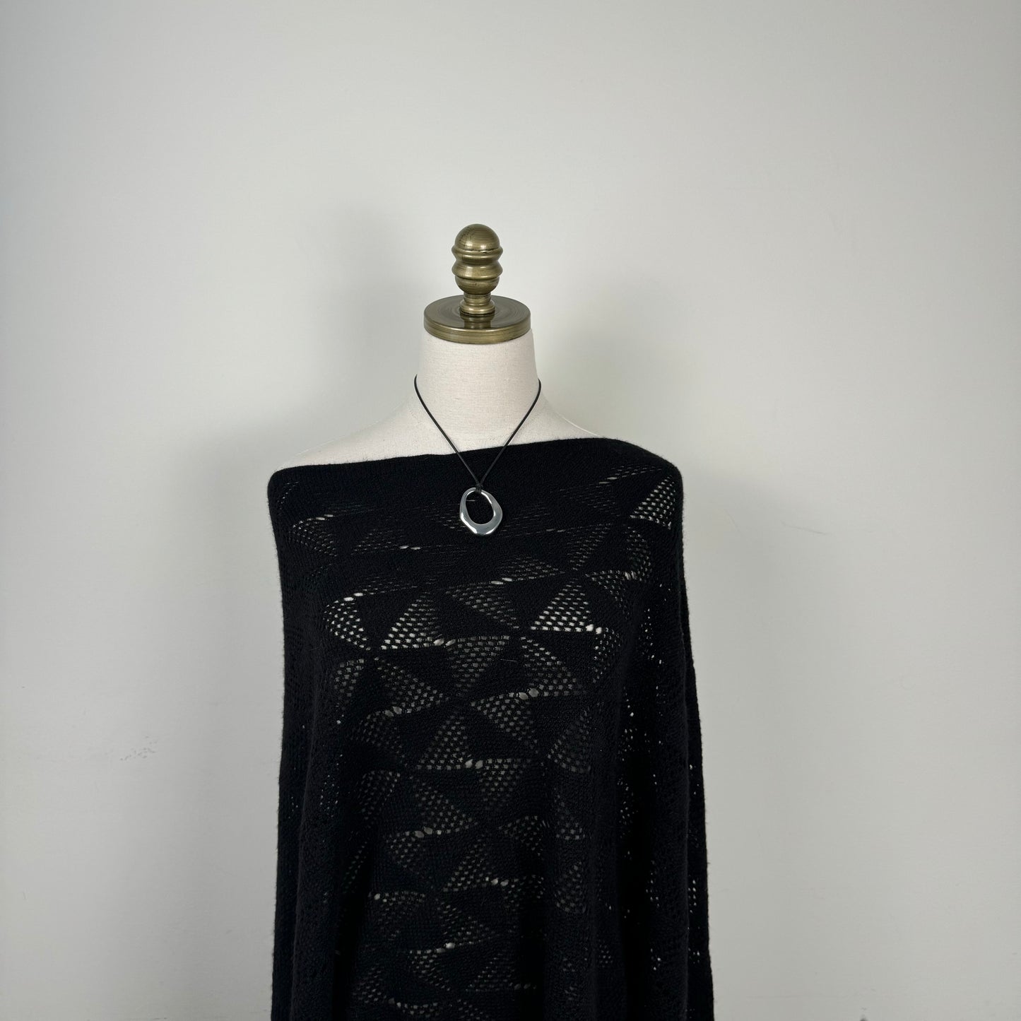 Black Knit Poncho with Fringe