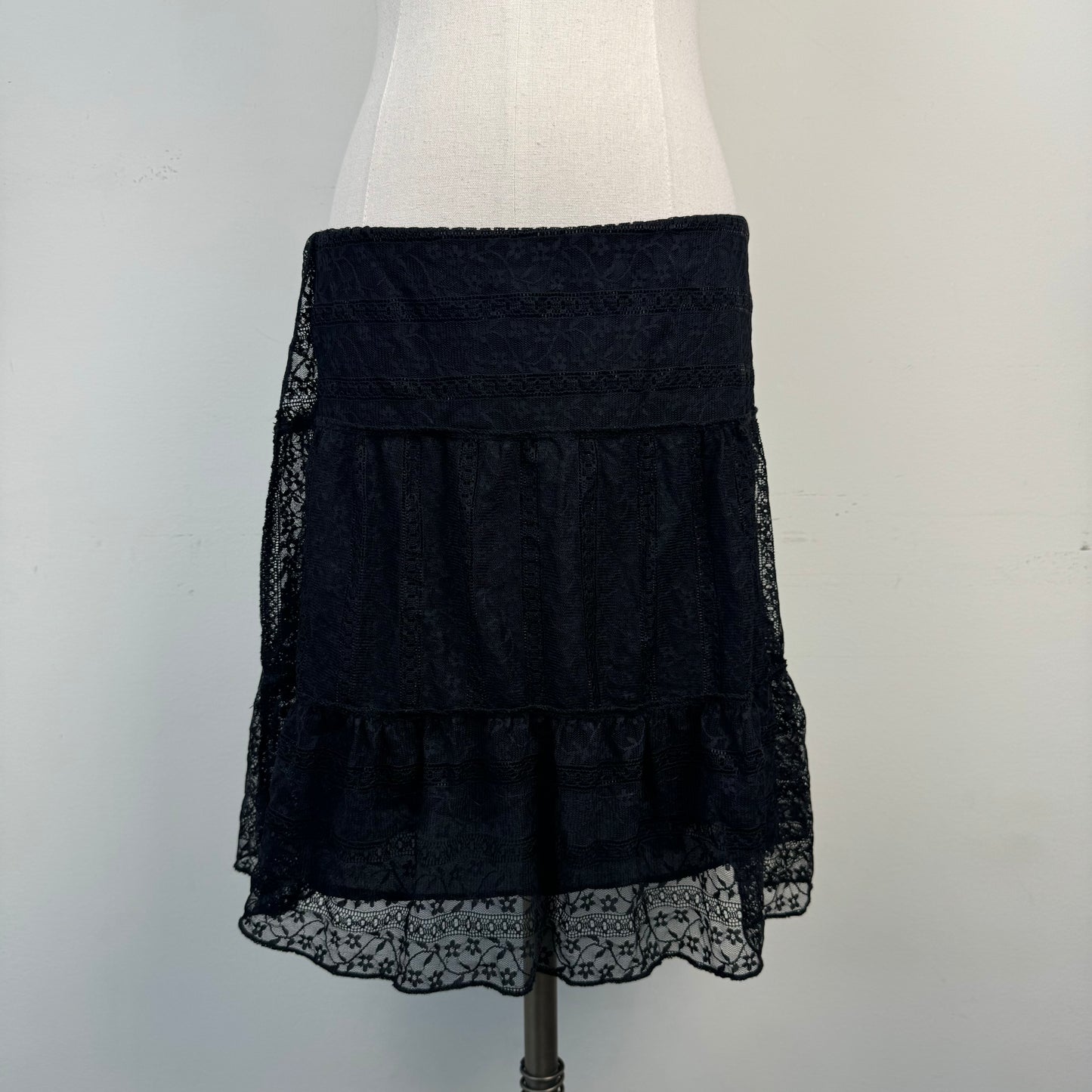 Black Lace Mesh Overlay Midi Skirt