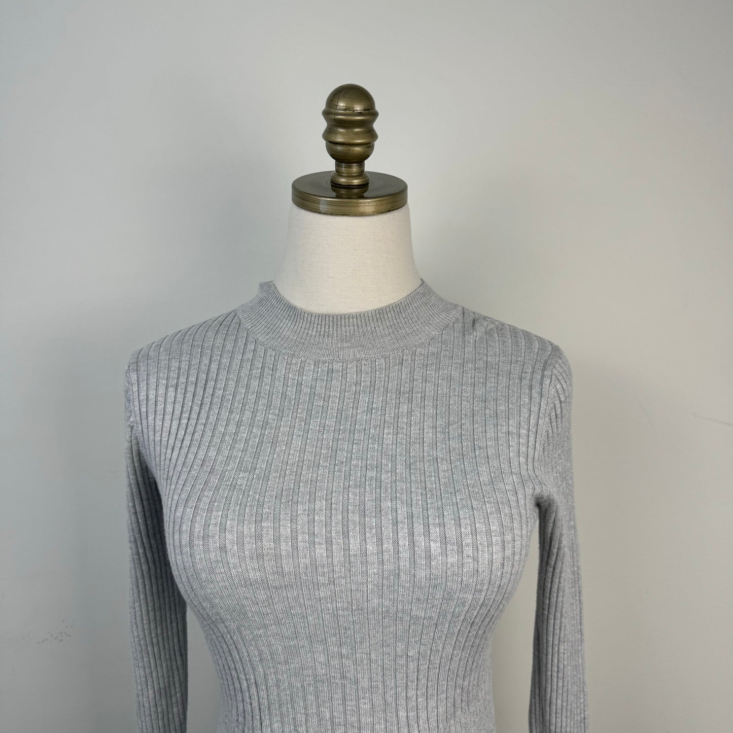 Grey Mock Neck Ribbed Sweater Flared Hem