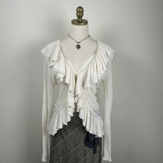 White Ruffled Open Front Cardigan