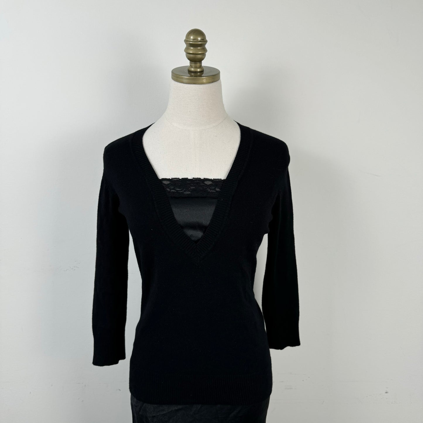 Black Knit Silky Lace Trim Top
