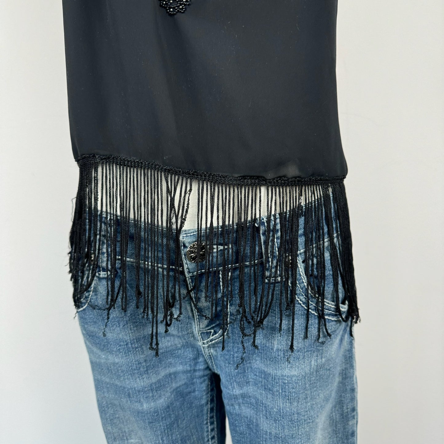 Black Beaded Sleeveless Top with Fringe