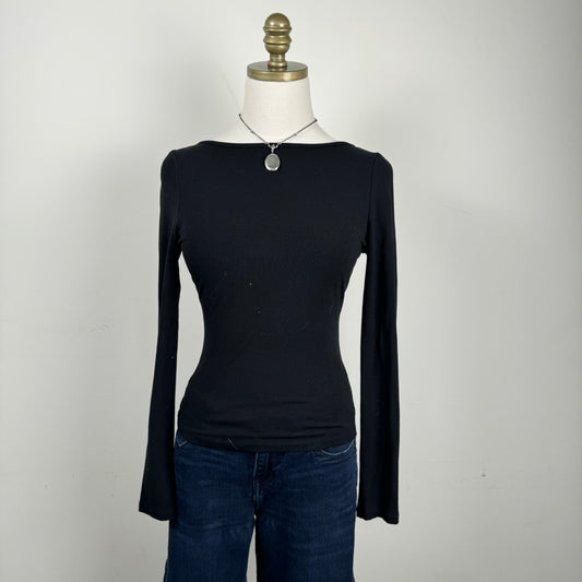 Black Fitted Backless White Bow Long Sleeve Top