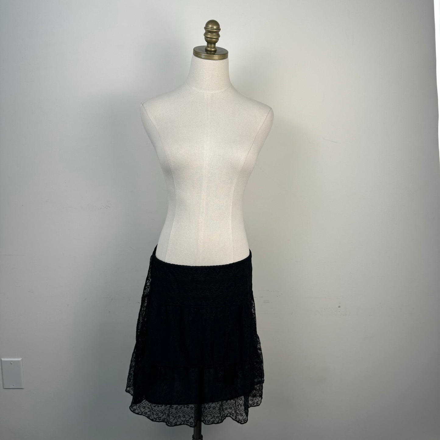 Black Lace Mesh Overlay Midi Skirt