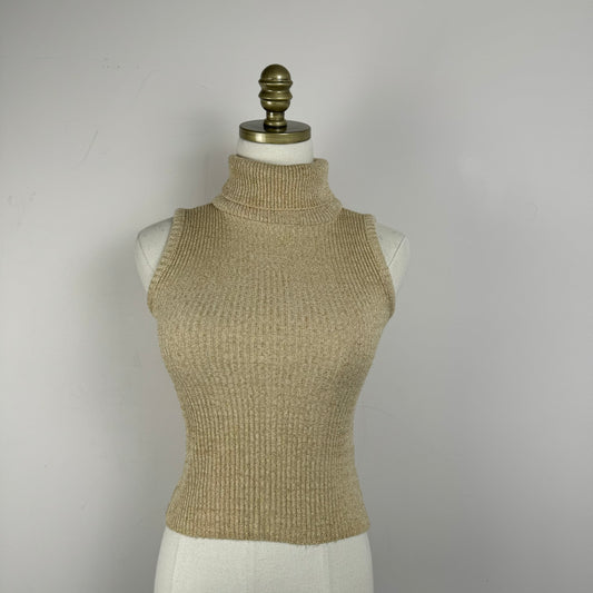 Vintage Beige Ribbed Knit Sleeveless Turtleneck Top