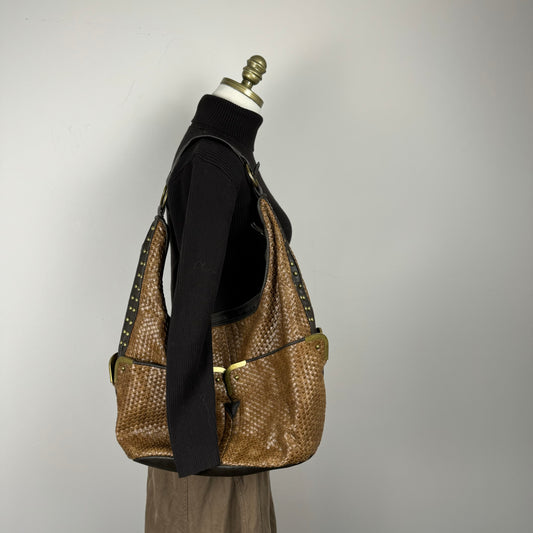 Tan Woven Leather Hobo Shoulder Bag