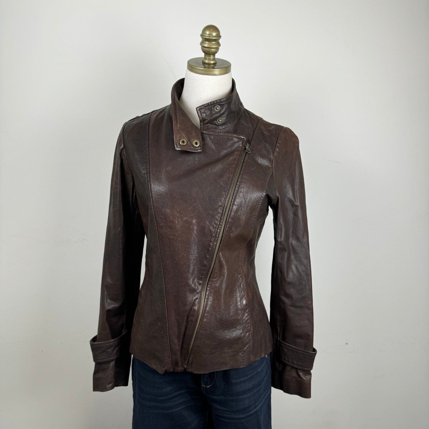 Brown Asymmetric Fitted Moto Genuine Leather Jacket