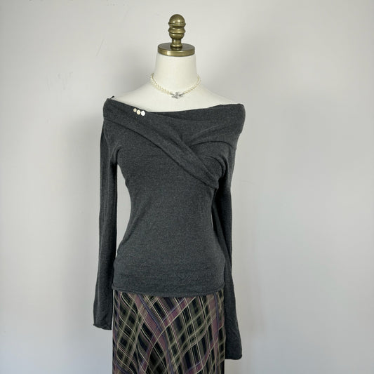 Off Shoulder Raw Hem Grey Top