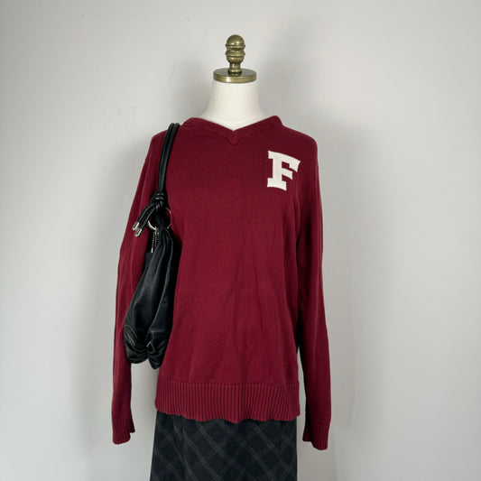 Dark Red Knit Varsity Sweater