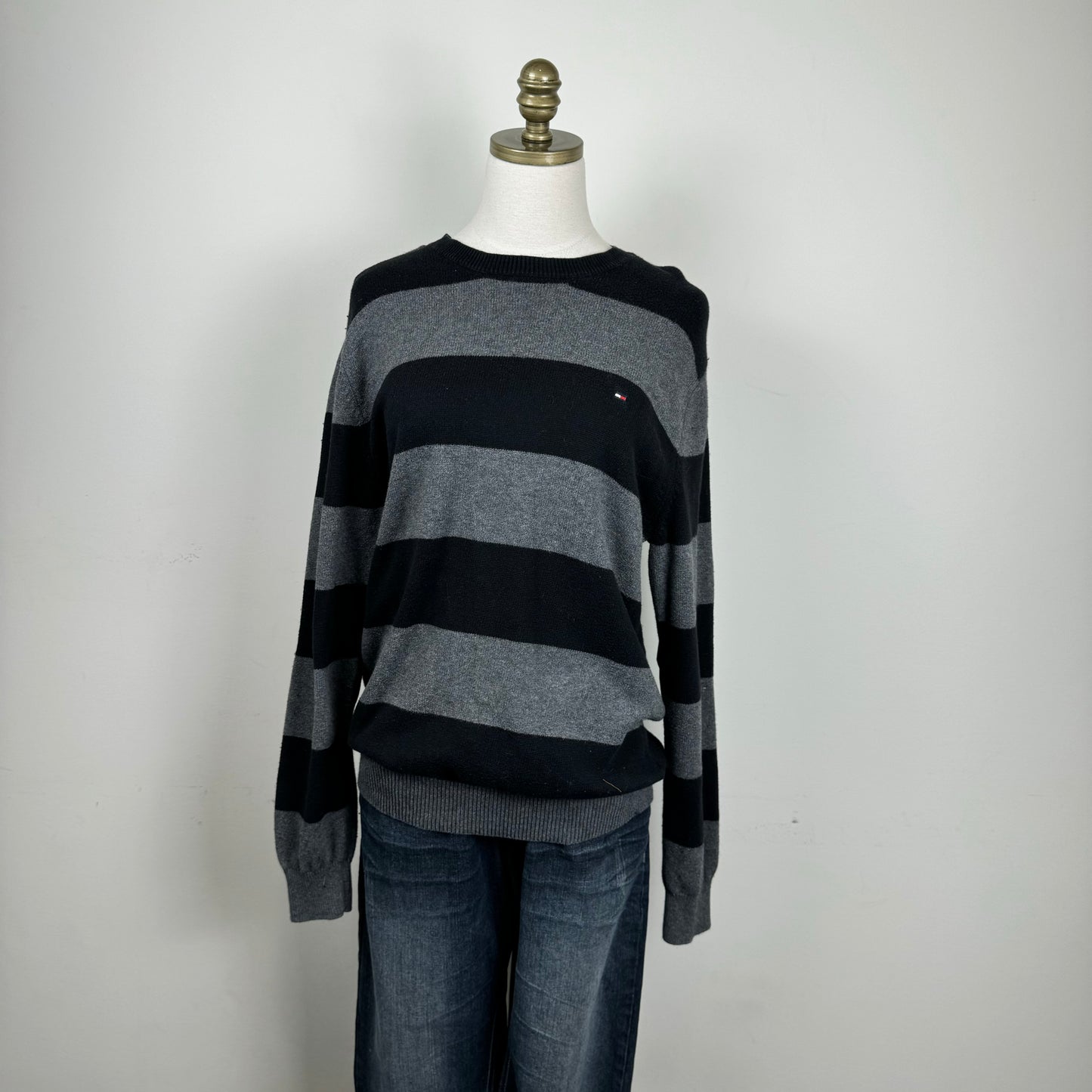 Tommy Black and Grey Striped Crewneck Sweater