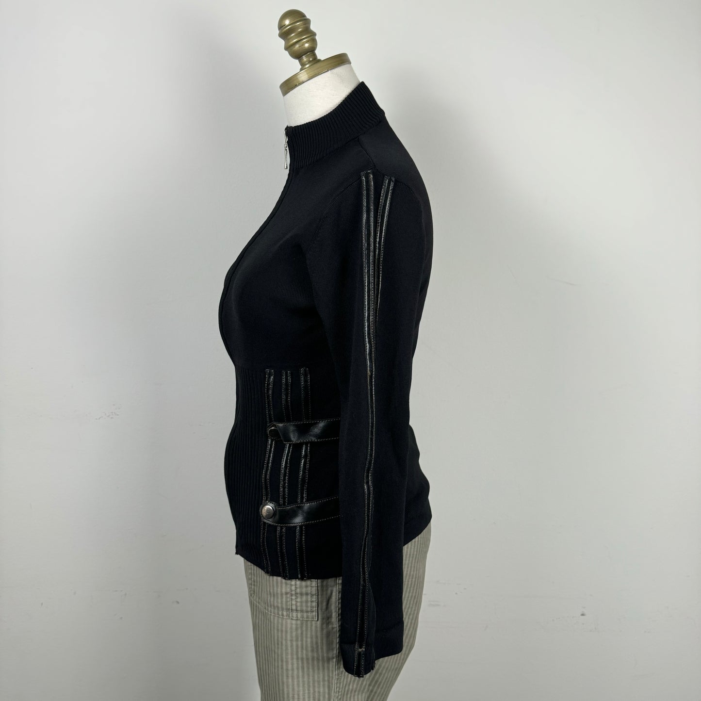 Black Fitted Zip Up Sweater Buckle Detail