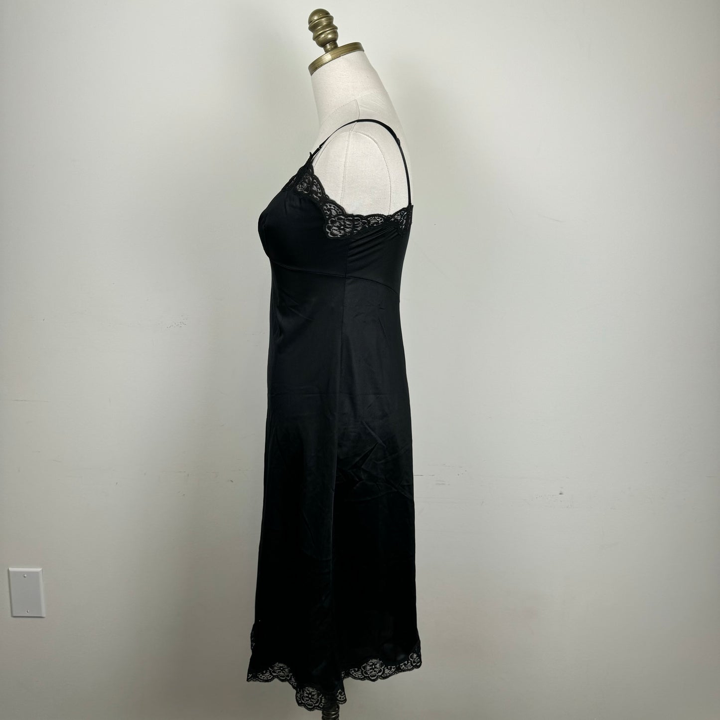 French Maid Vintage Black Nylon Lace Trim Slip Dress