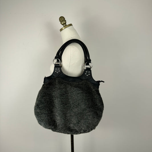 Black Leather and Fur Shoulder Bag