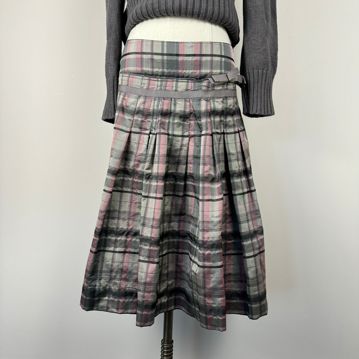 Grey and Pink Coquette Plaid Midi Skirt