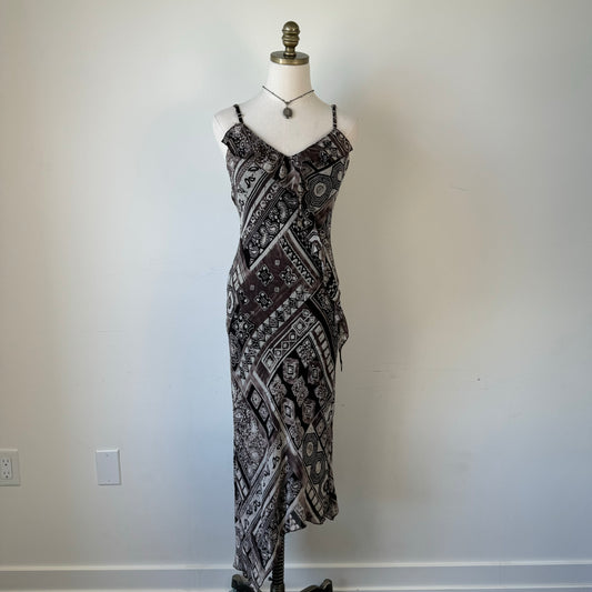 Vintage Asymmetric Ruffled Paisley Print Dress