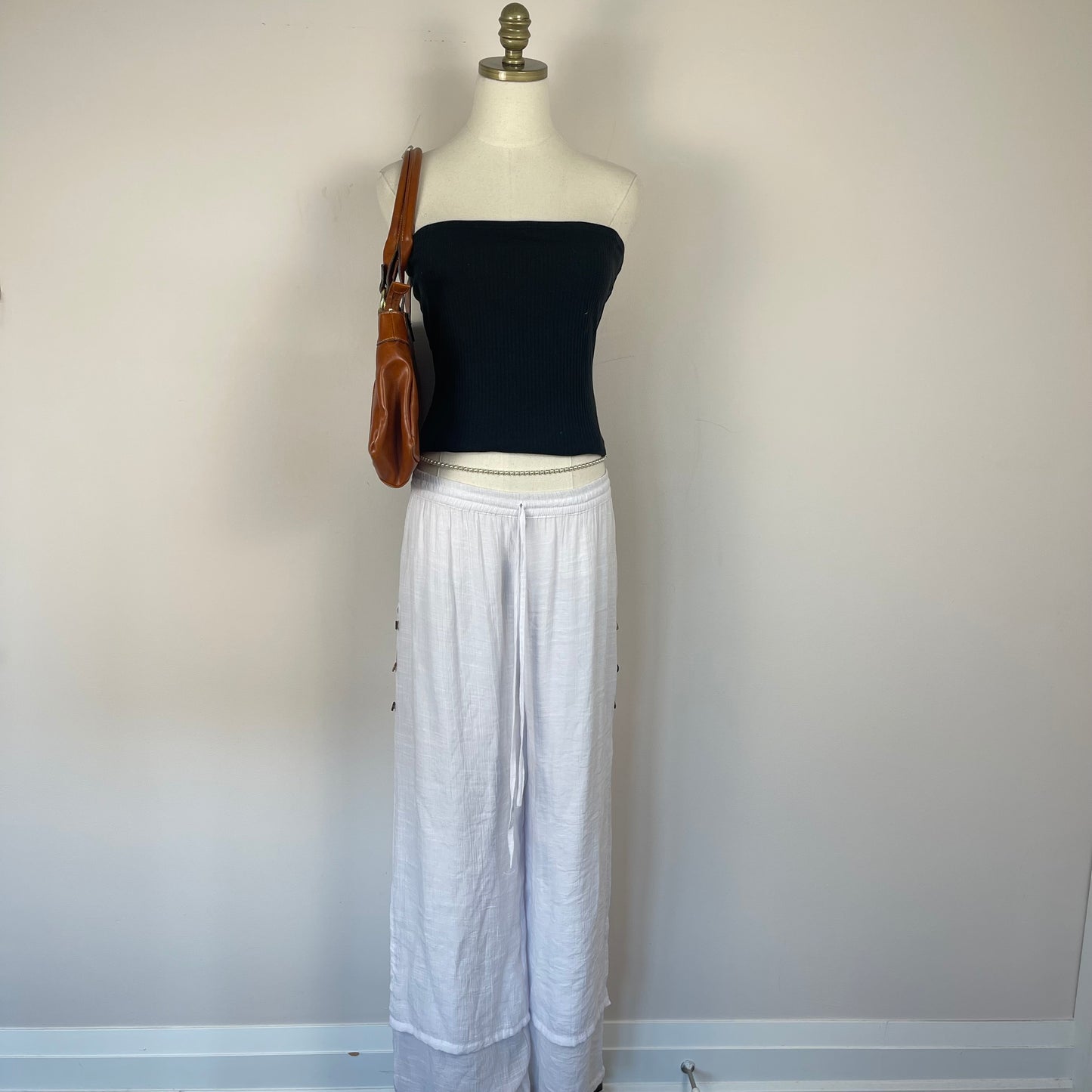 White Flowy Linen Layered Trousers