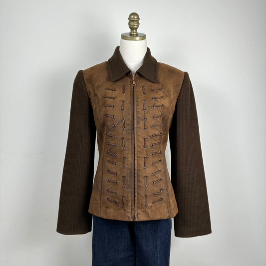 Brown Faux Suede Jacket with Lace Up Details