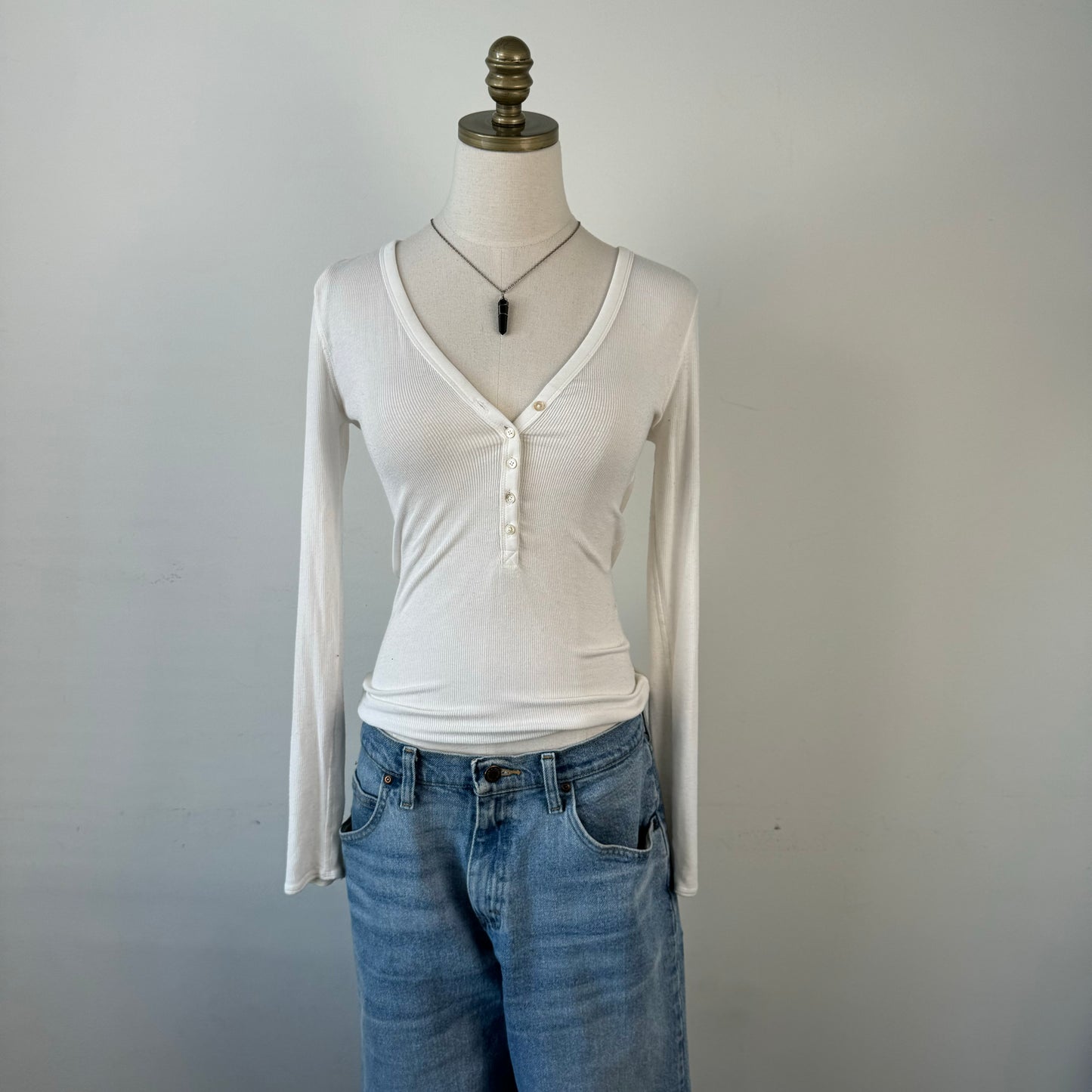 Cream Henley Long Sleeve Top