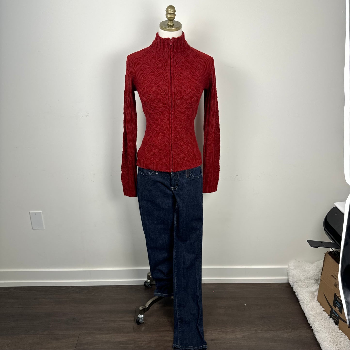 Red Cable Knit Zip Up Sweater