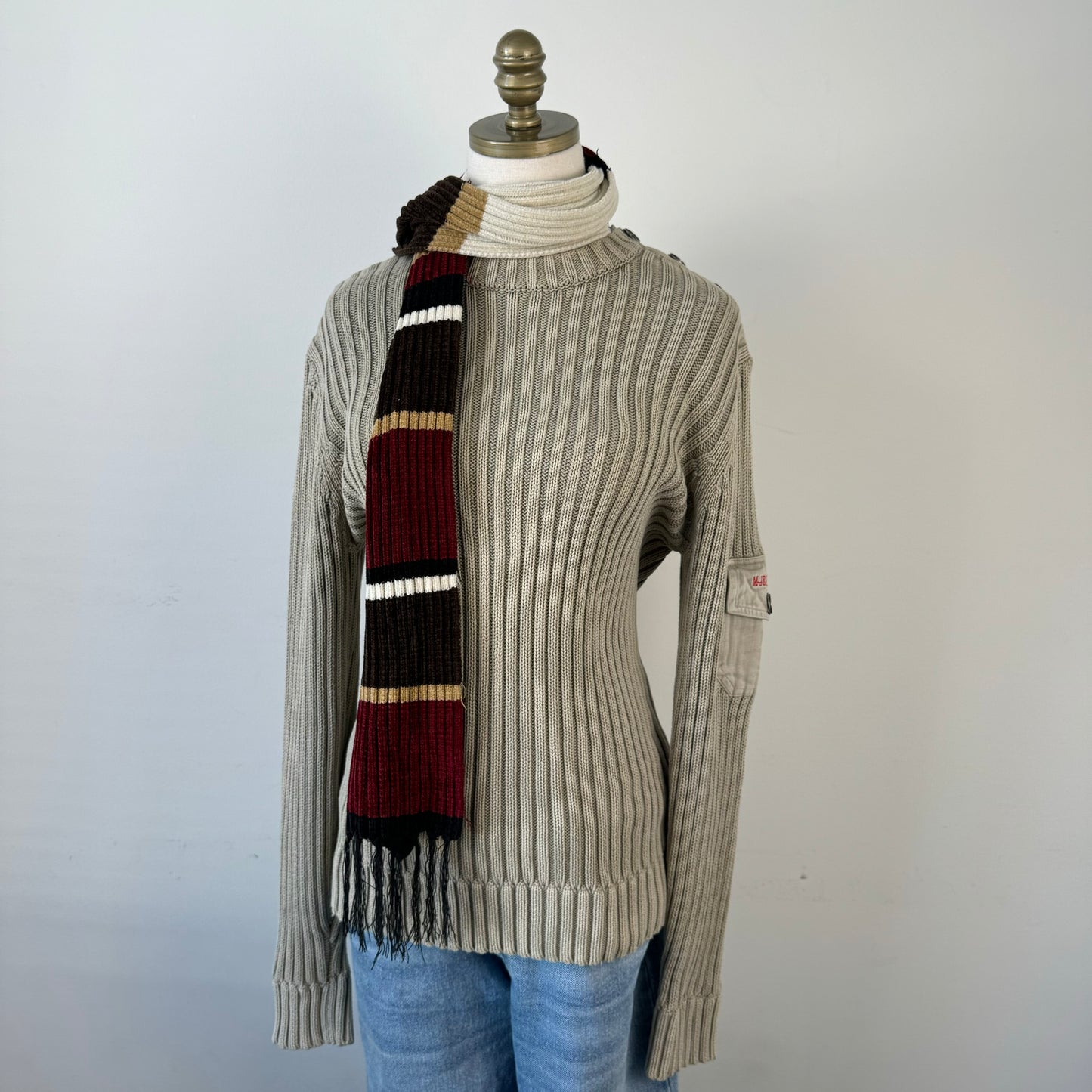 Red, Cream, Brown Striped Knit Scarf
