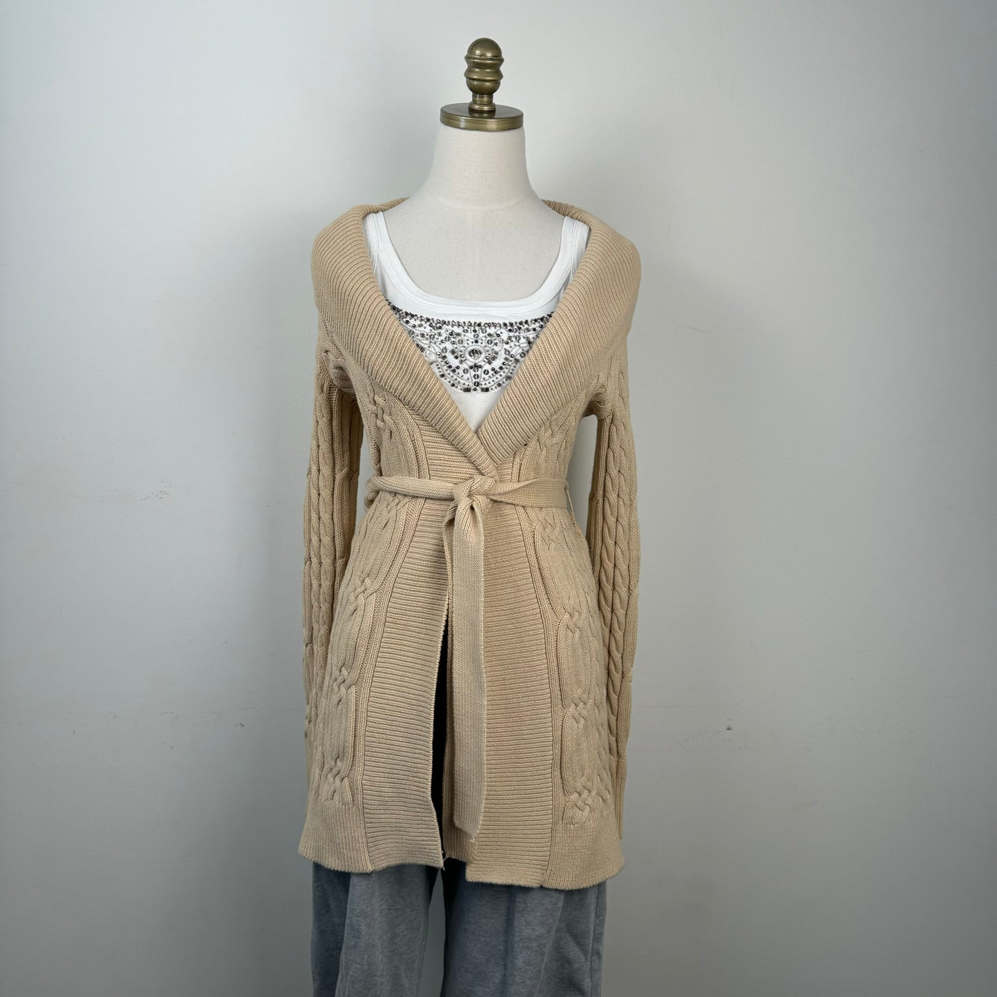 Tommy Cable Knit Tie Waist Maxi Cardigan