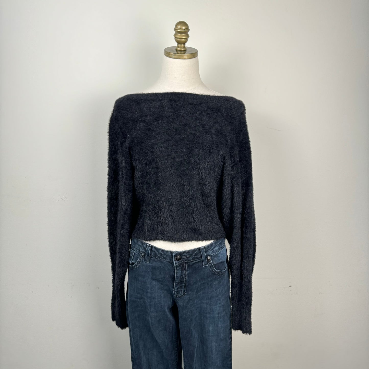 Black Off Shoulder Dolman Fuzzy Sweater