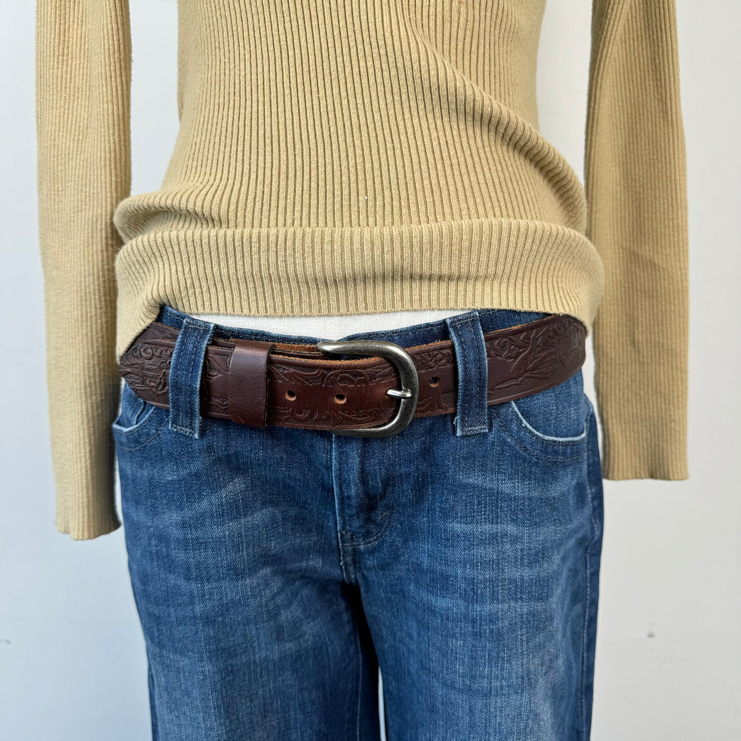 Brown Western Chunky Silver Buckle Leather Belt