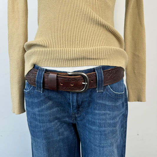 Brown Western Chunky Silver Buckle Leather Belt