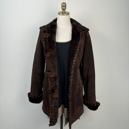 Vintage Brown Genuine Suede Leather Fur Trim Coat