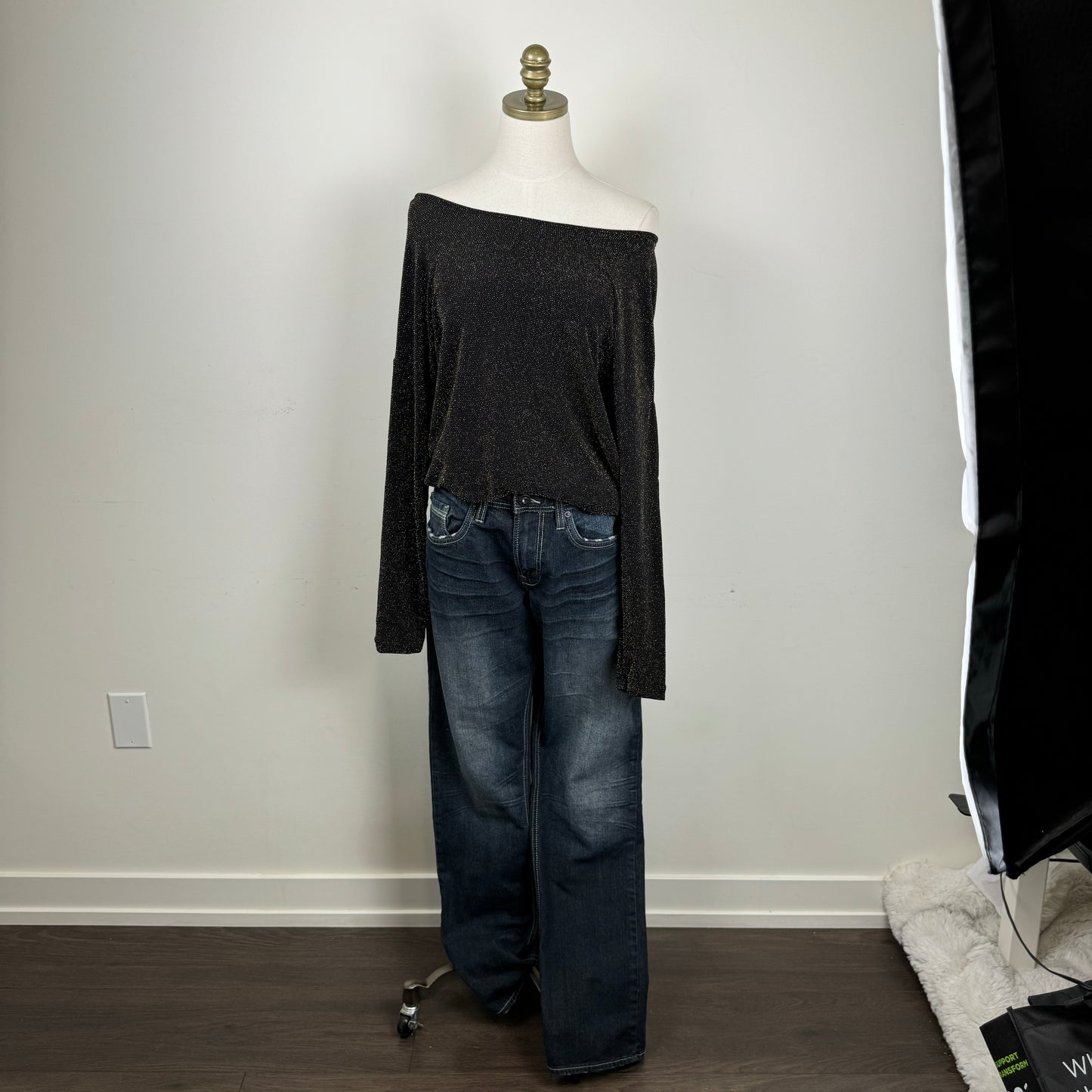 Black and Gold Sparkle Off Shoulder Draped Top