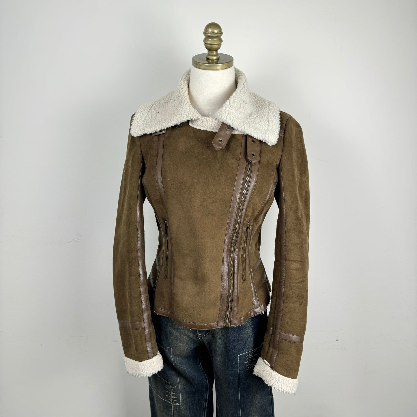 Brown Shearling Suede Moto Jacket