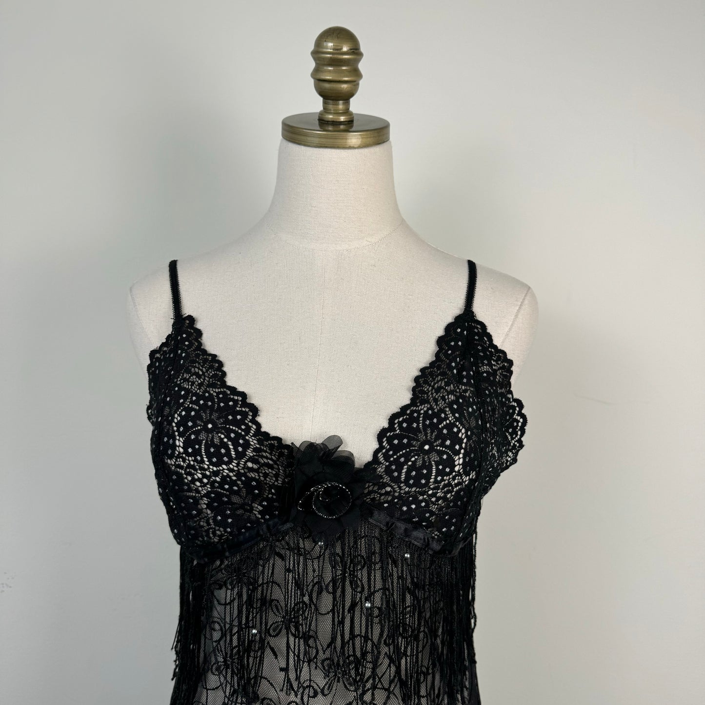 Black Lace Mesh Babydoll Slip Dress