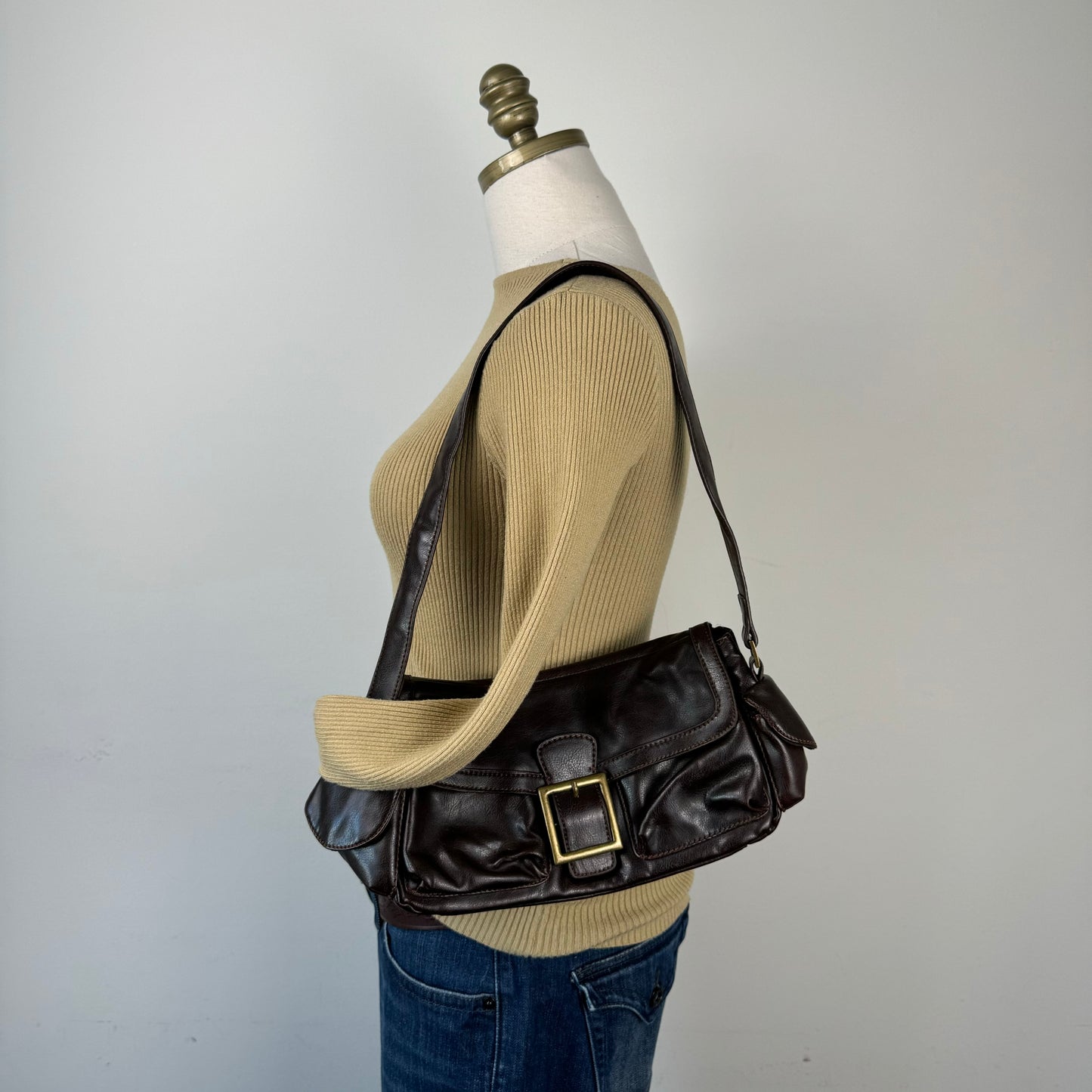 Brown Mini Shoulder Bag with Gold Buckle