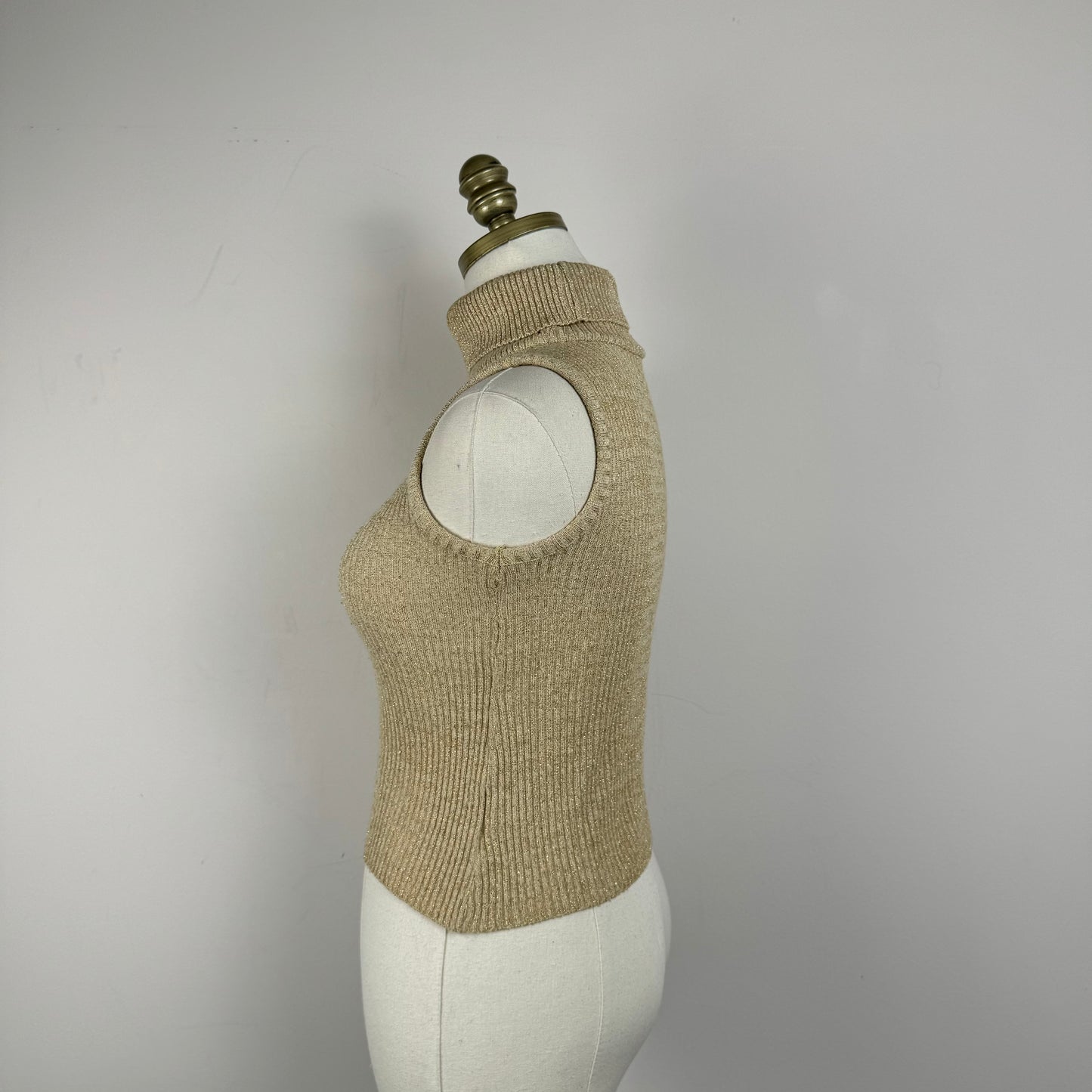 Vintage Beige Ribbed Knit Sleeveless Turtleneck Top