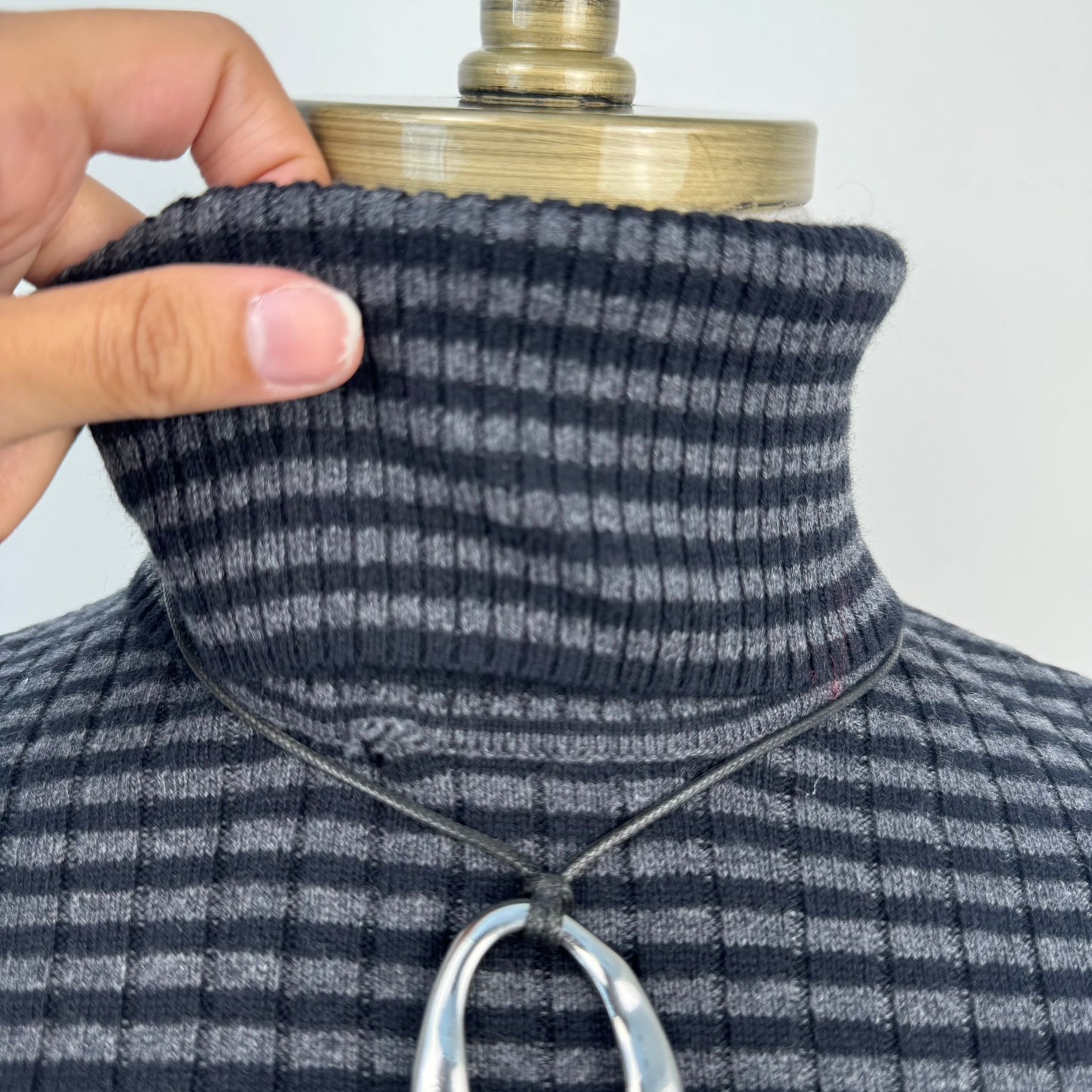 Black and Grey Striped Fitted Turtleneck Sweater