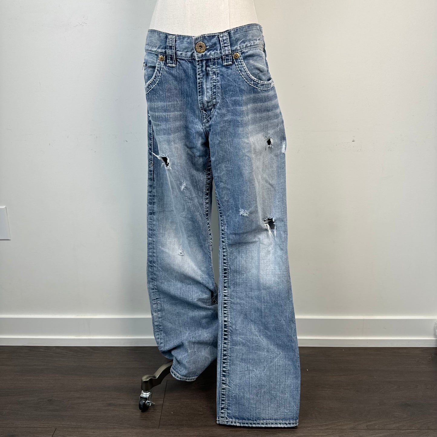 Silver Faded Low Rise Straight Cut Distressed Jeans